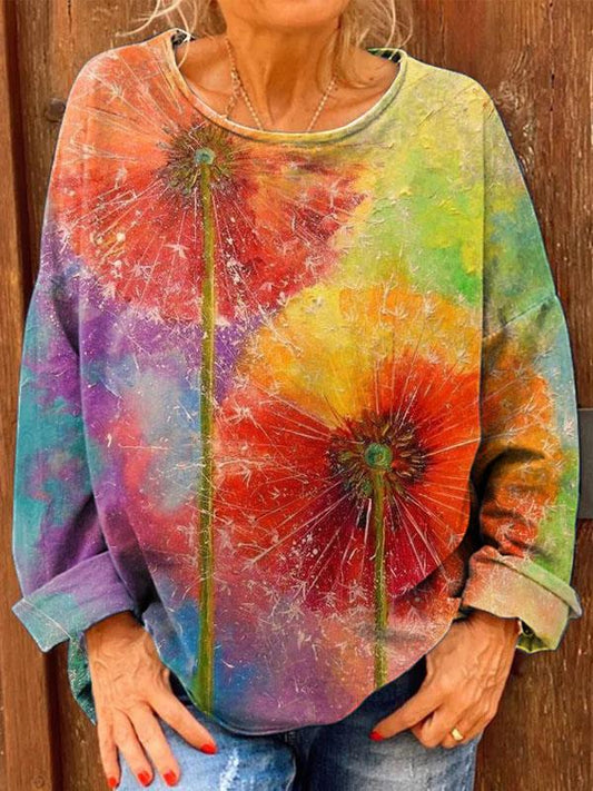 Women's Retro Colorful Dandelion Print Casual Sweatshirt