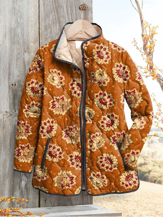 Women's Vintage Floral Art Print Casual Quilted Coat Cardigan