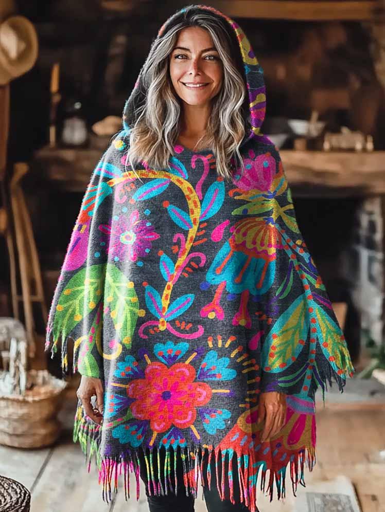 Women's Colorful Flower Art Pattern Knitted Blanket Poncho Hood Cape