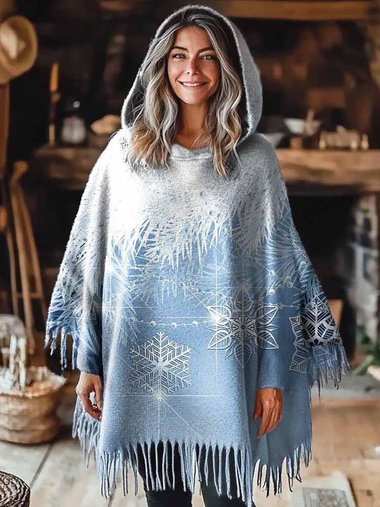 Women's Winter Snowflakes Pattern Casual Knitted Blanket Poncho Hood Cape