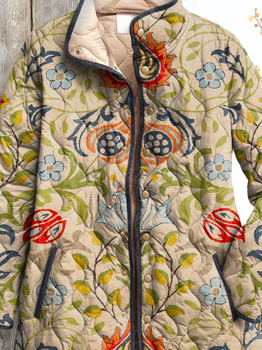 Women's Vintage Lovely Floral Art Print Casual Quilted Coat Cardigan