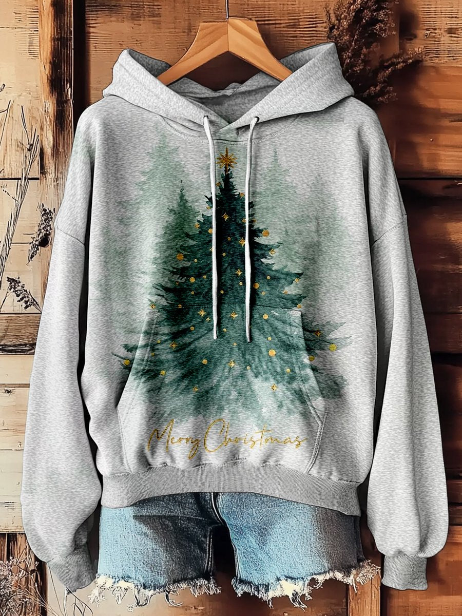 Women's Christmas Tree Art Pattern Prints Casual Pocket Hooded Sweatshirt