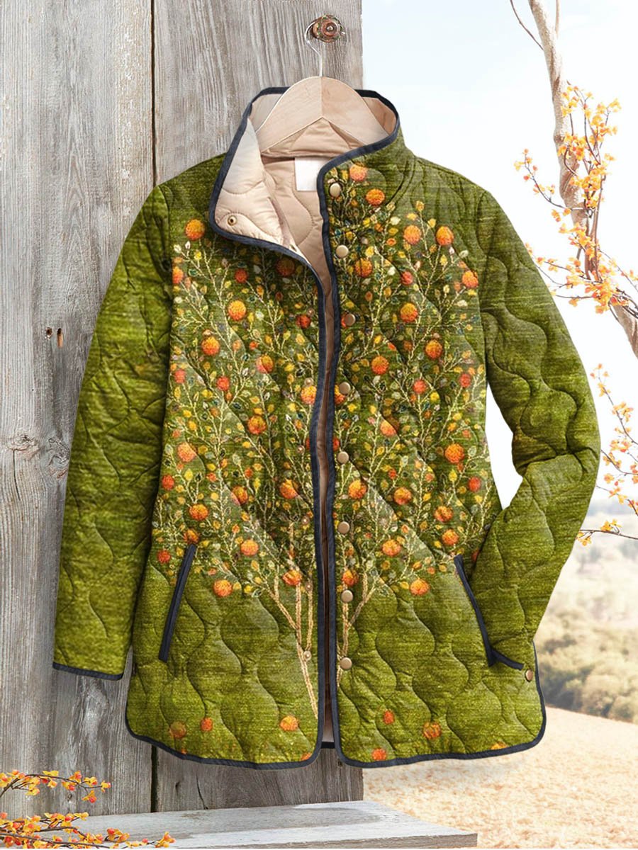 Women's Lovely Floral Tree Art Print Casual Quilted Coat Cardigan