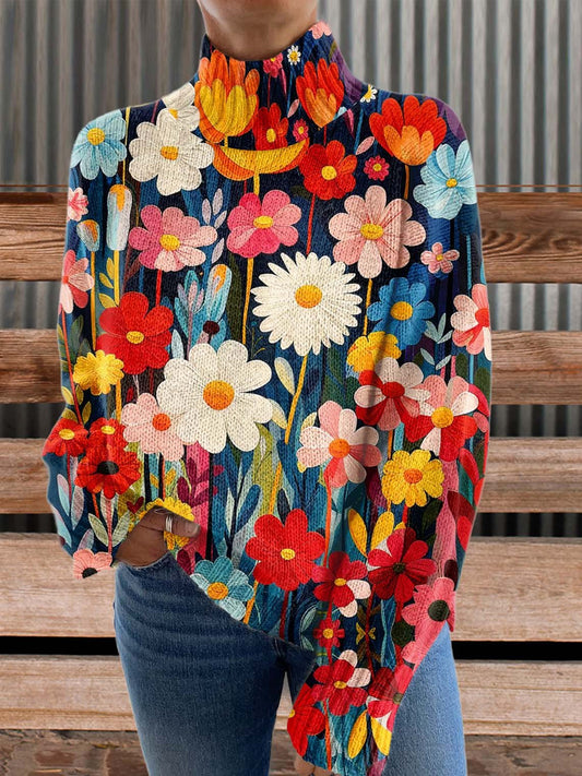 Flower Print Knit Turtleneck Pullover Sweater