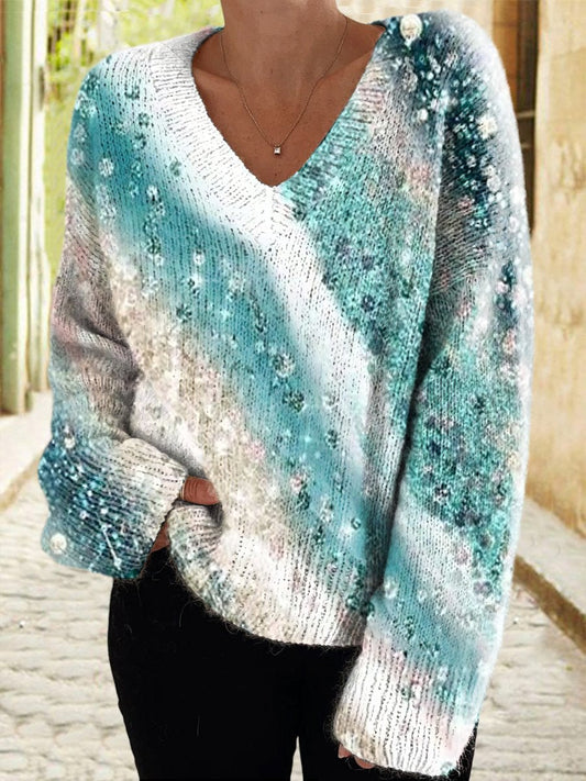 Women's Gradient Glitter Texture Art Pattern Casual V-Neck Knit Sweater