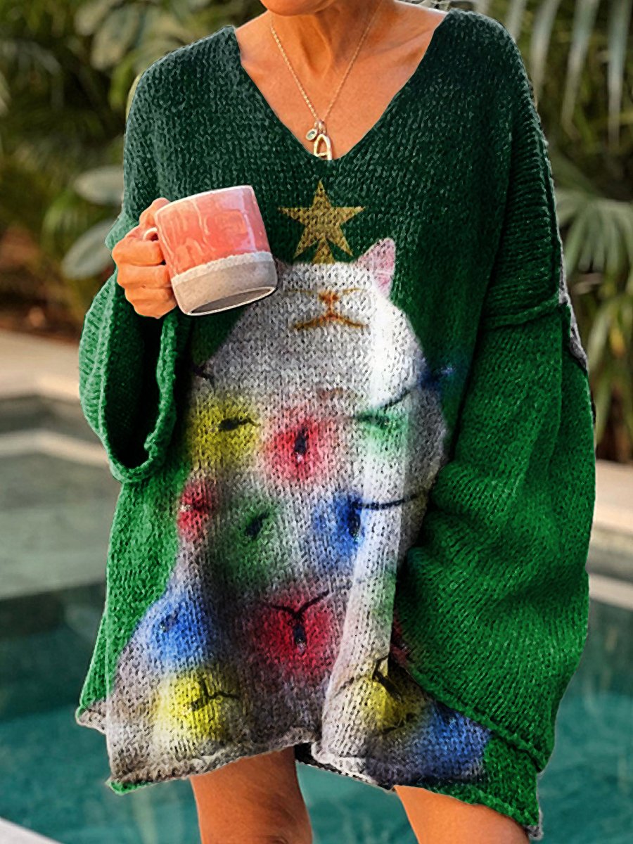 Women's Christmas White Cute Cat Casual Pullover Sweater