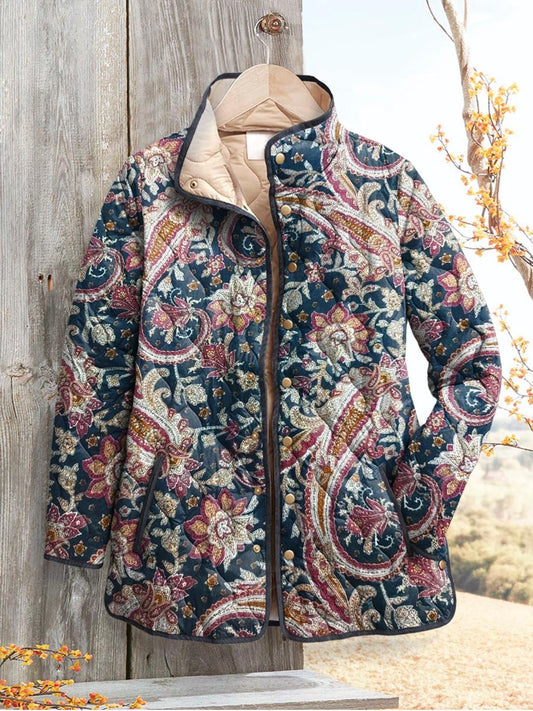 Women's Vintage Ethnic Floral Art Print Casual Quilted Coat Cardigan