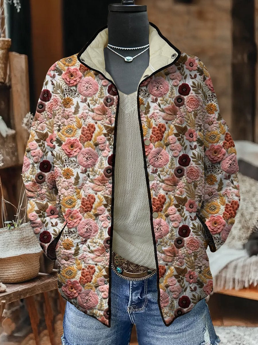 Women's Flower Embroidery Art Print Casual Quilted Cardigan