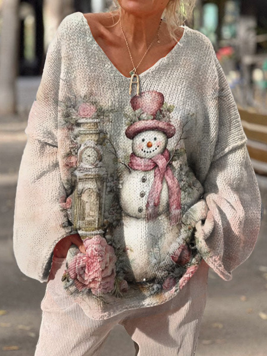 Women's Retro Winter Christmas Snowman Pattern Casual V Neck Pullover Sweater