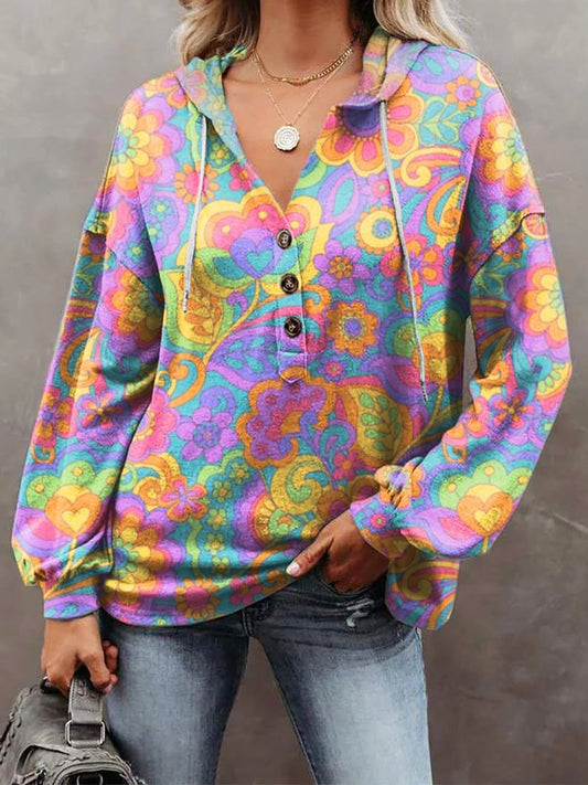 Women's Hippie Floral Power Print Casual Loose Hoodie