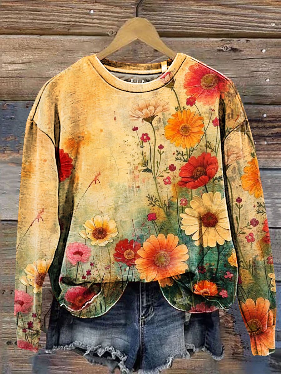 Vintage Floral Art Print Casual Sweatshirt