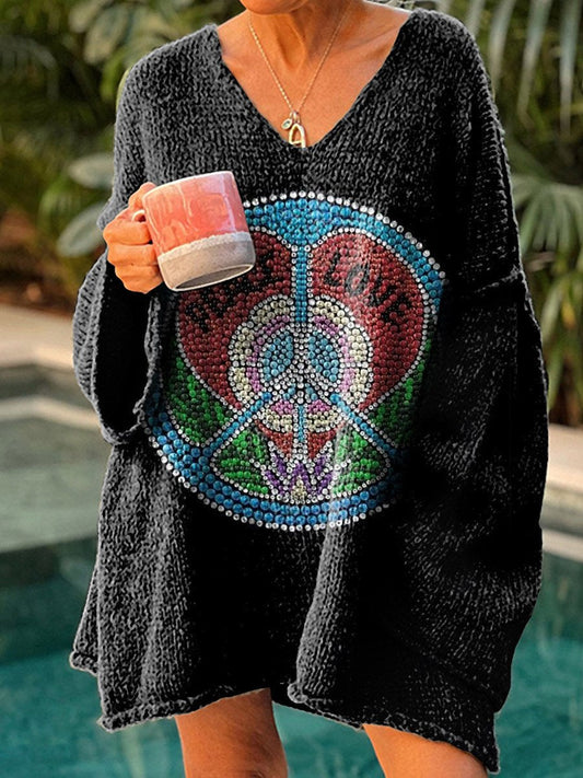 Women's hippie love art print casual pullover sweater