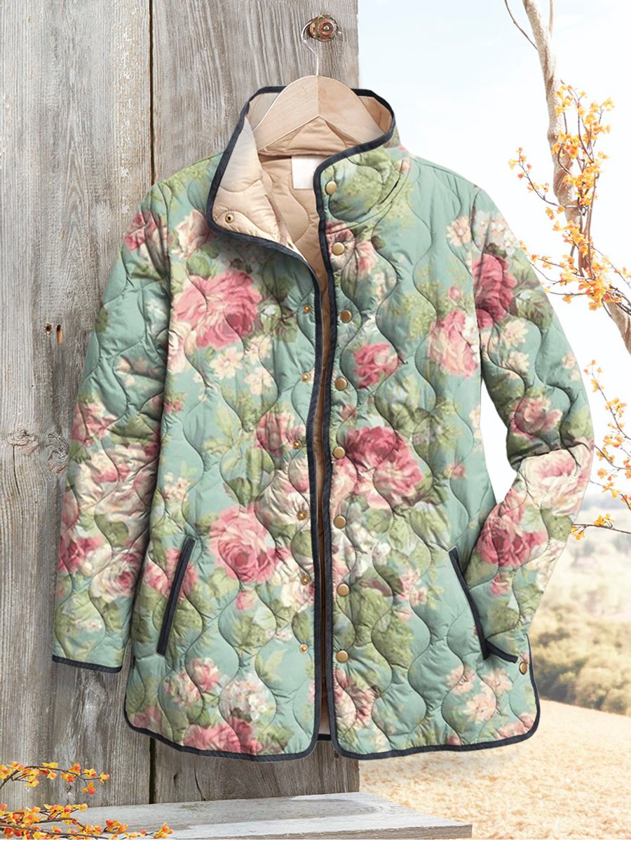 Women's Fresh Retro Flowers Print Casual Quilted Coat Cardigan