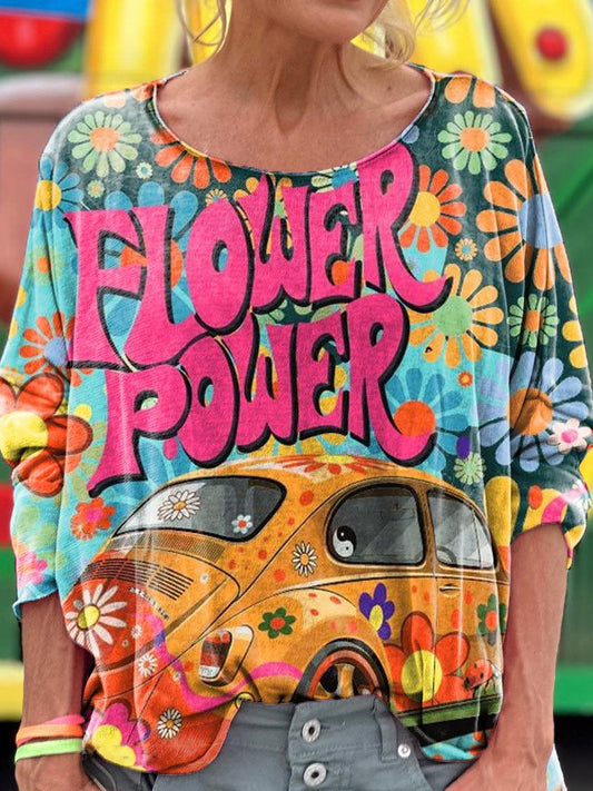 Women Vintage Car Floral Power Print Long Sleeve T-shirt