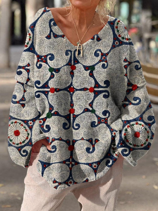 Women's Vintage Abstract Geometric Splicing Pattern Art Print Casual Pullover Sweater