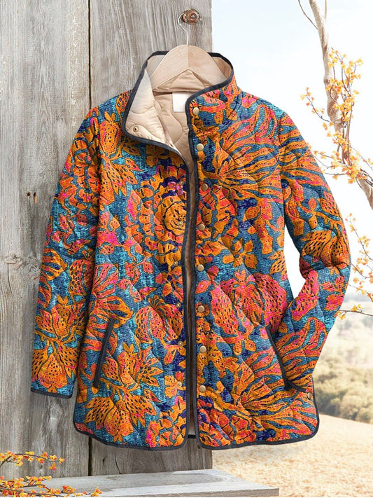 Women's Vintage Floral Art Print Casual Quilted Coat Cardigan