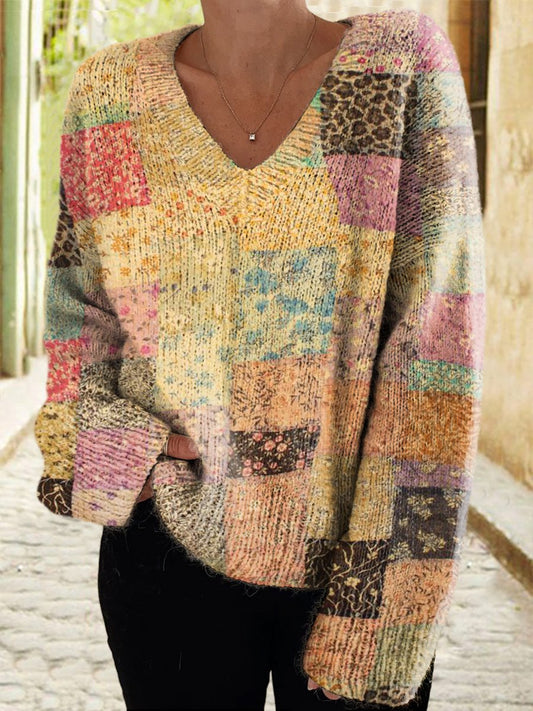 Women's Flowers Pattern Patchwork Casual V-neck Pullover Knit