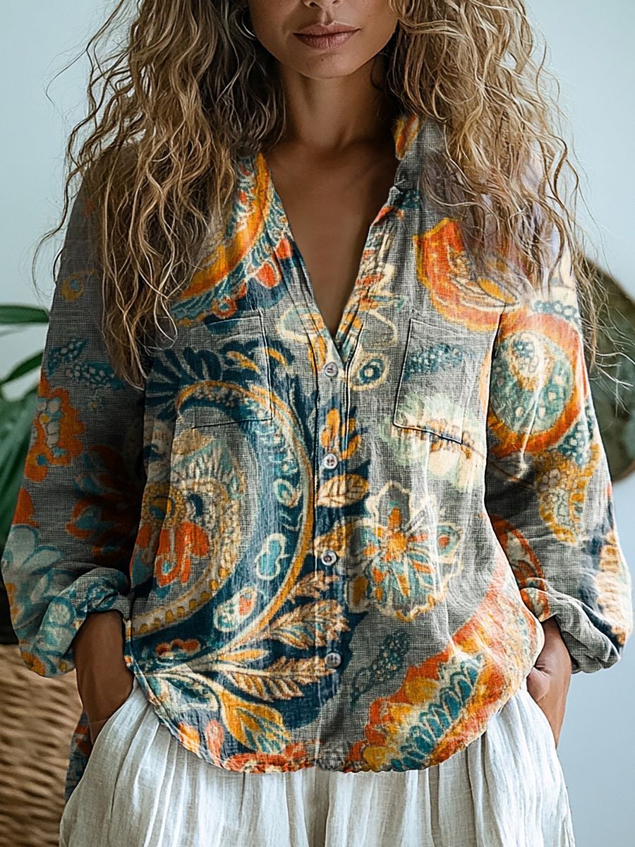 Women's Retro Paisley Pattern Casual Long Sleeve Comfortable Cotton Shirt