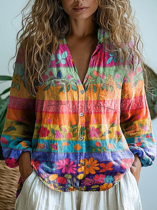 Women's Colorful Patchwork Floral Pattern Casual Long Sleeve Comfortable Cotton Shirt