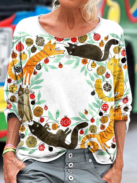 Women's Vintage Cat Pattern Art Print T-shirt