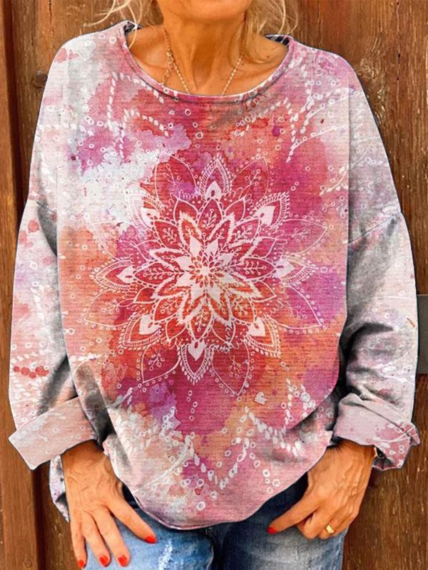 Women's Retro Watercolor Gradient Mandala Print Casual Sweatshirt