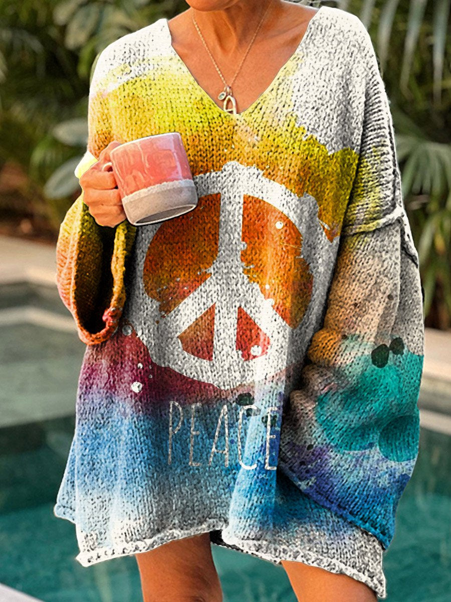 Women's Peace And Love Art Print Casual Pullover Sweater