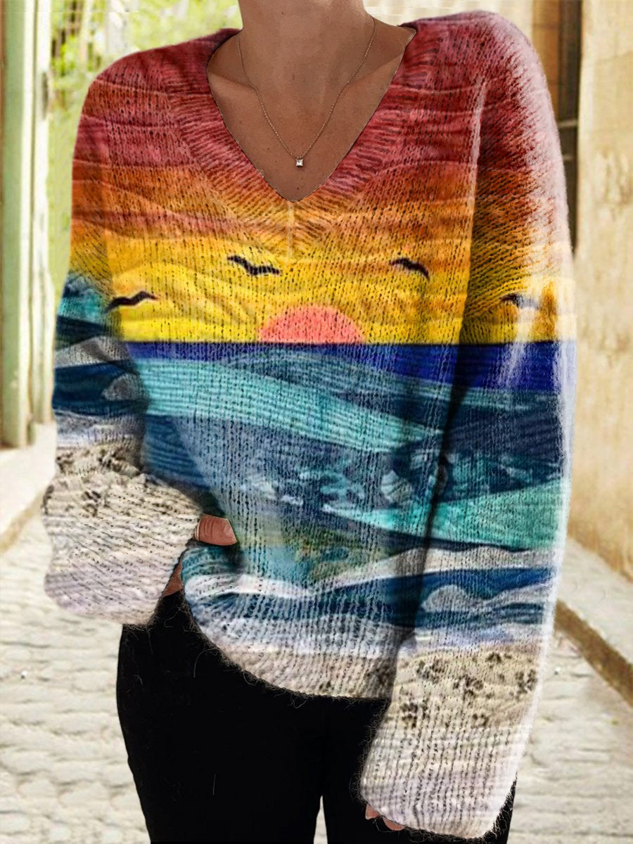 Women's Beach Sunset Art Print Casual V Neck Pullover Sweater