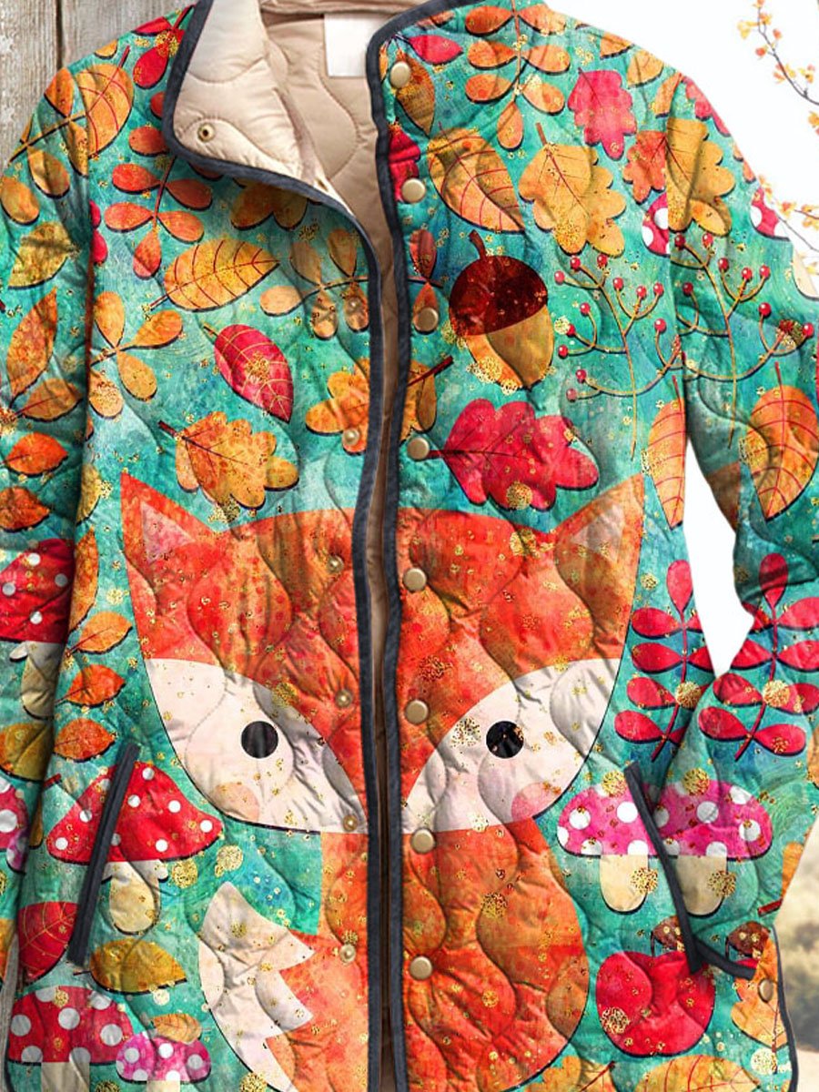 Women's Vintage Lovely Fox Floral Art Print Casual Quilted Coat Cardigan