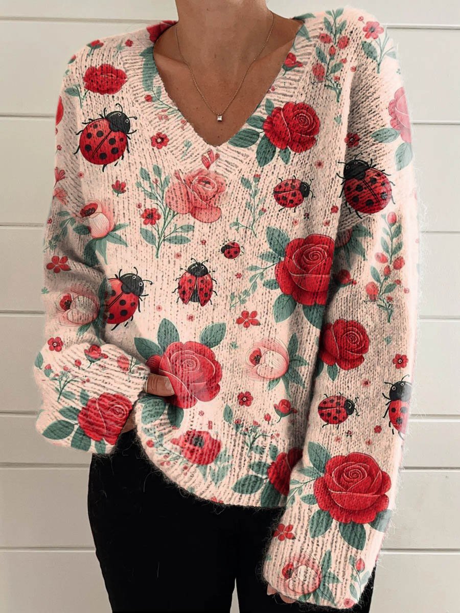 Women's Lovely Floral Art Print Casual V-neck Knit Pullover