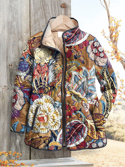 Women's Vintage Floral Art Print Casual Quilted Coat Cardigan