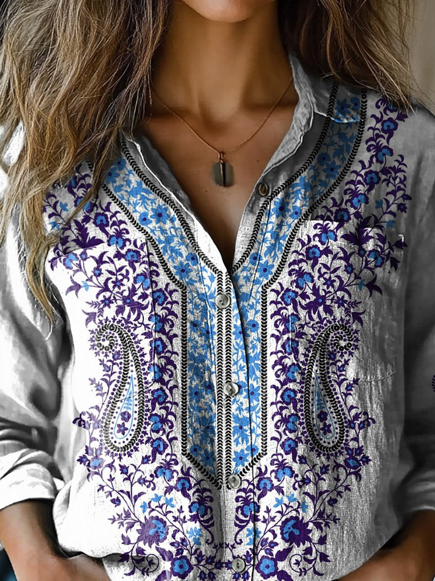 Elegant Ethnic Pattern Printed Women's Casual Long Sleeve Comfortable Cotton Shirt