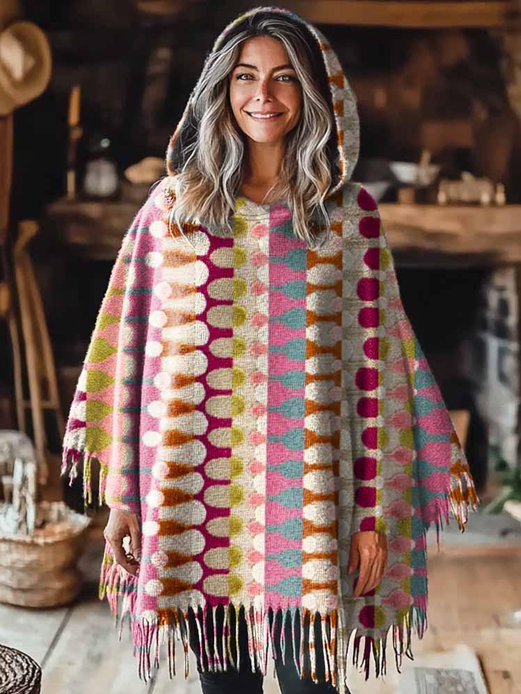 Women's Geometric Art Pattern Casual Knitted Blanket Poncho Hood Cape