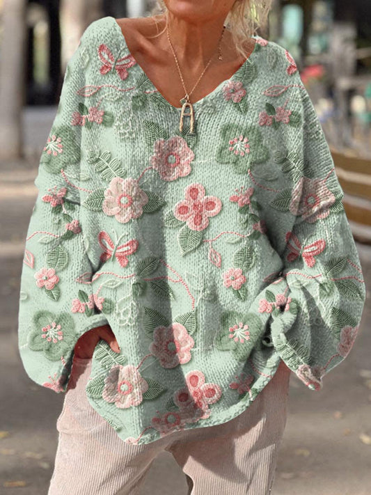 Women's Vintage Flower Pattern Art Print Casual Pullover Sweater