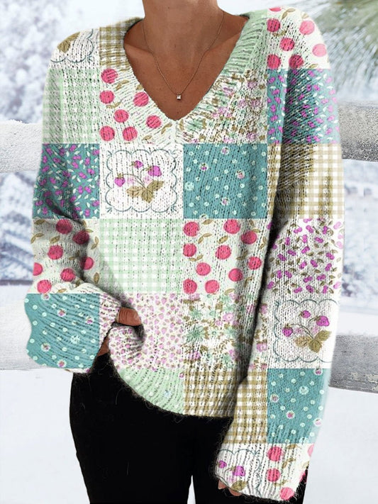 Women's Fruit Pattern Patchwork Casual V-neck Pullover Knit