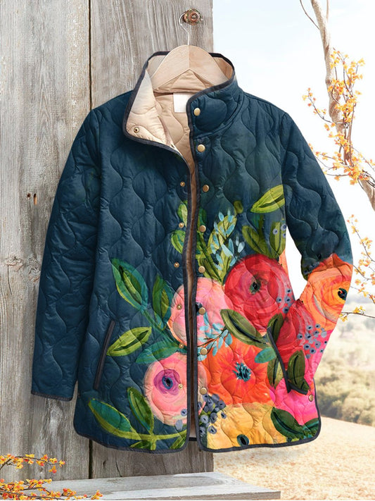 Women's Retro Floral  Art Print Casual Quilted Coat Cardigan