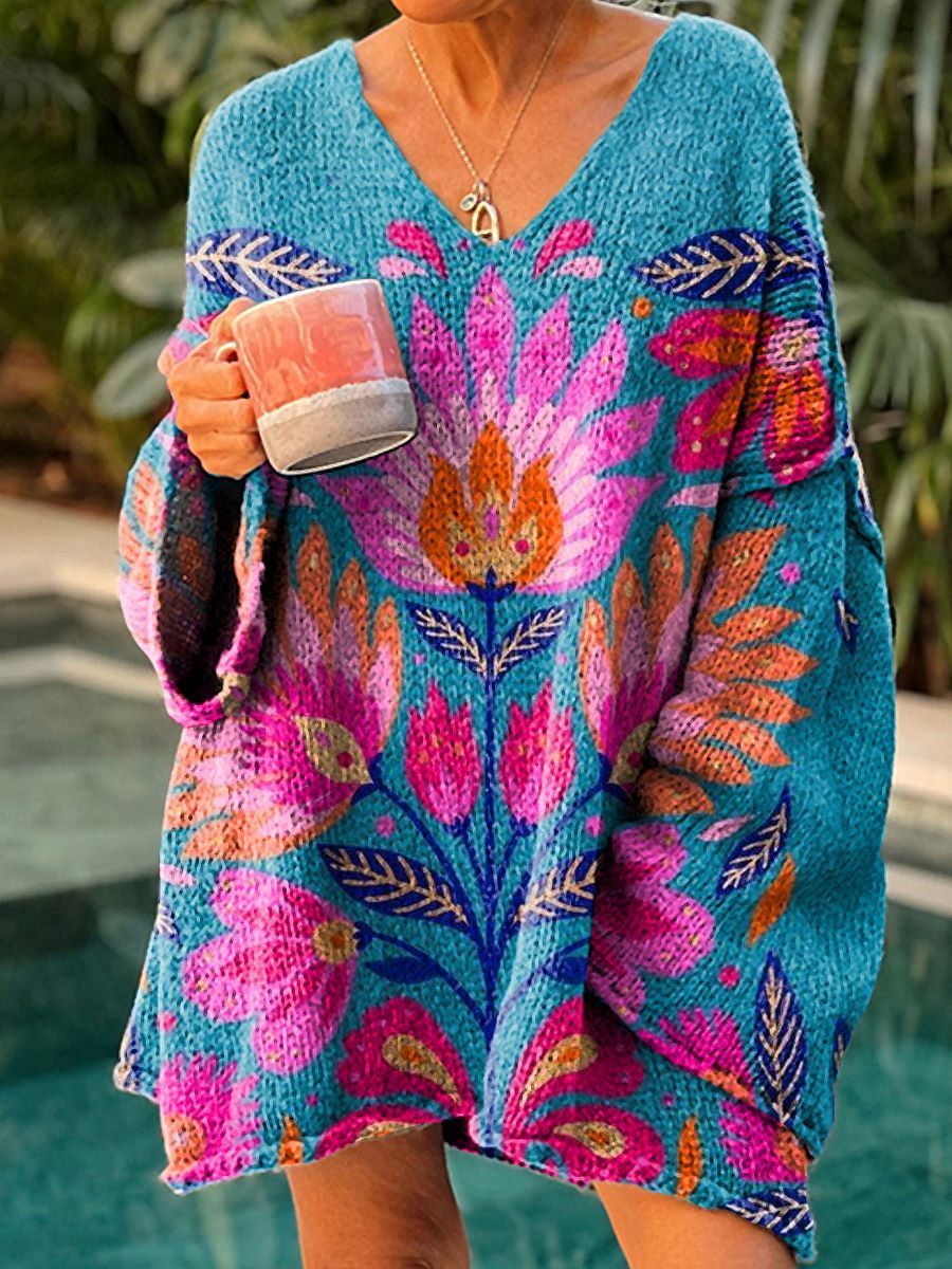 Women's Boho Colorful Floral Pattern Print Casual V Neck Pullover Sweater