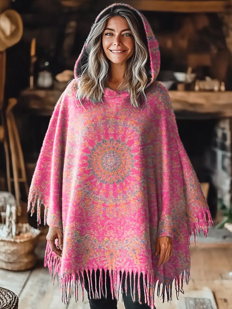 Women's Retro Mandala Tie Dye Print Casual Knitted Blanket Poncho Hood Cape