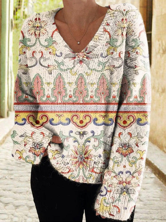 Women's Vintage Floral Art Print Casual V Neck Pullover Sweater