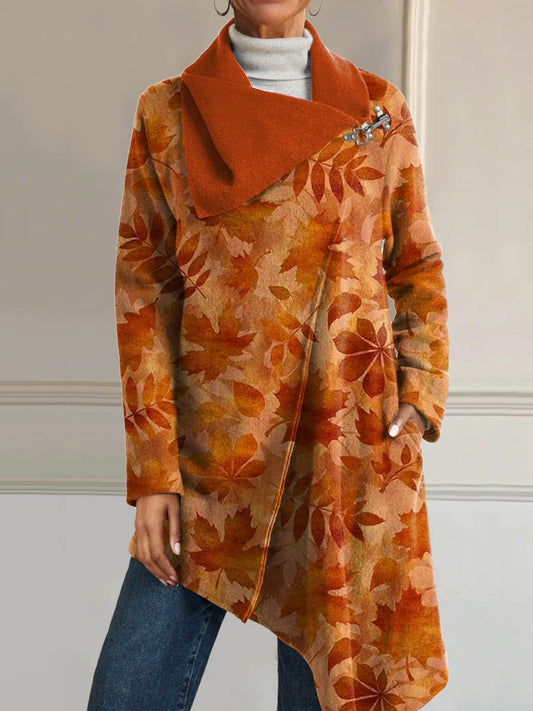 Women's Vintage Fall Leaves Art Print Casual Asymmetrical Coat