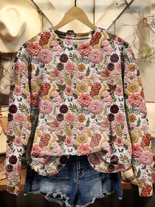 Women's Vintage Embroidery Floral Textured Print Casual Sweatshirt