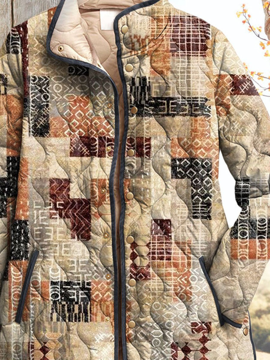 Women's Vintage Ethnic Geometric Pattern Art Print Casual Quilted Coat Cardigan