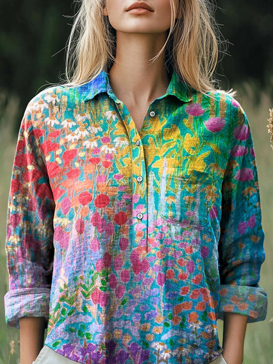 Vibrant Meadows Floral Art Printed Women's Casual Cotton And Linen Shirt