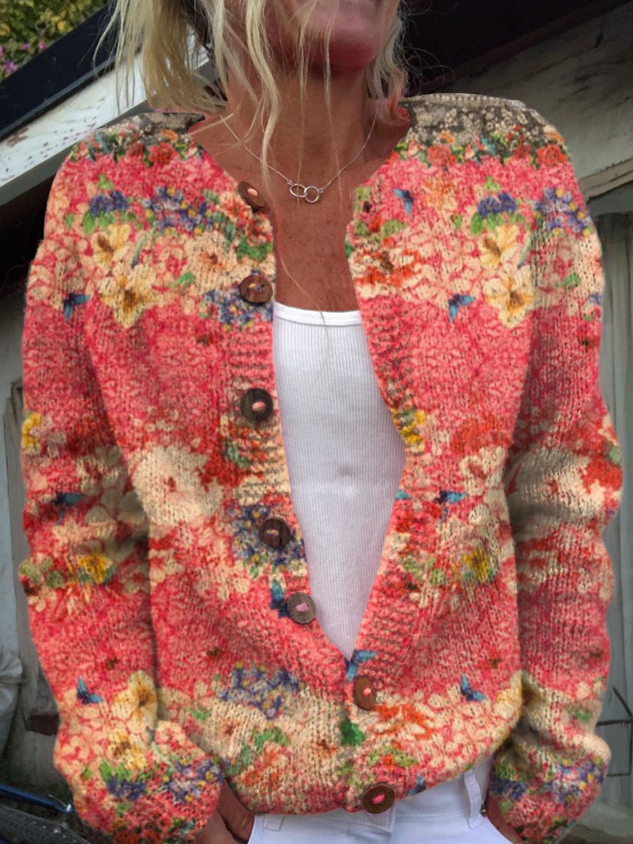 Women's Bright Floral Art Print Button Cardigan