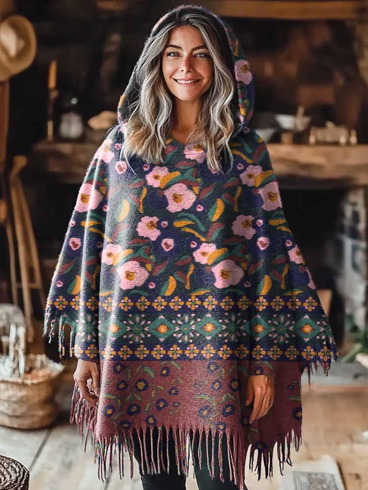 Women's Bohemian Floral Art Pattern Casual Knitted Blanket Poncho Hood Cape