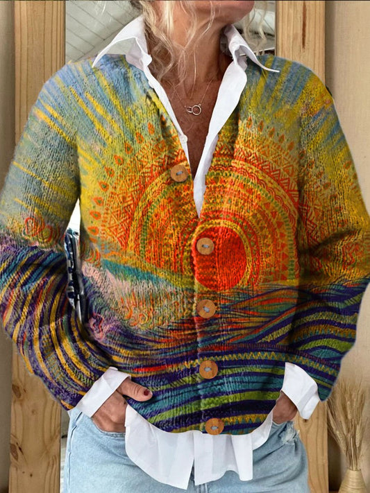 Women's Sun Art Print Button Cardigan