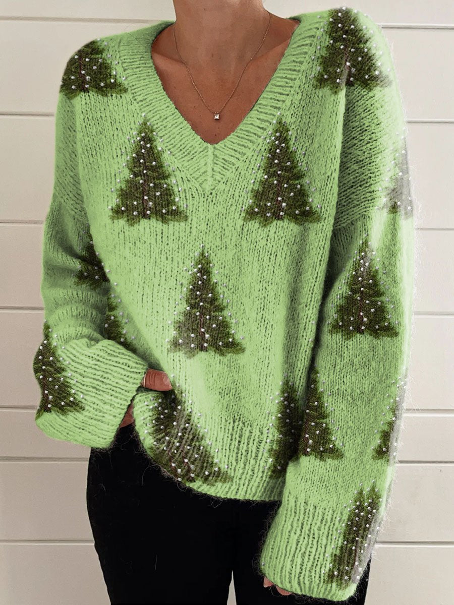 Women's Lovely Christmas Tree Art Print Casual V-neck Knit Pullover