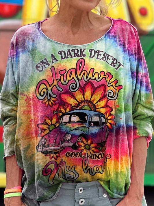 Women's Floral Hippie Car Print Crew Neck T-Shirt