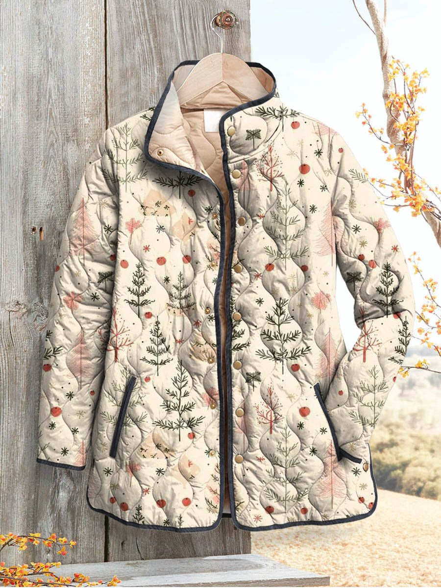 Women's Lovely Floral Winter Art Print Casual Quilted Coat Cardigan