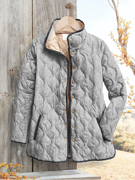 Women's  Retro Lines Art Print Casual Quilted Coat Cardigan