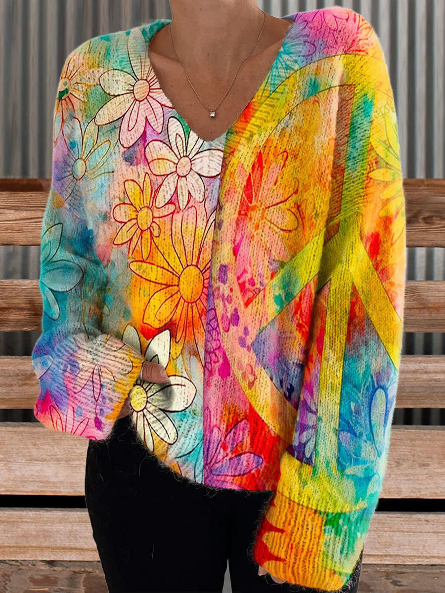 Women's Vintage Hippie Flowers Art Print Casual V-neck Pullover Knit